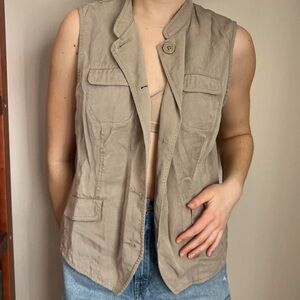 J.Jill Khaki tencel Sleeveless Safari Blouse Vest Front Button Pockets size 2X